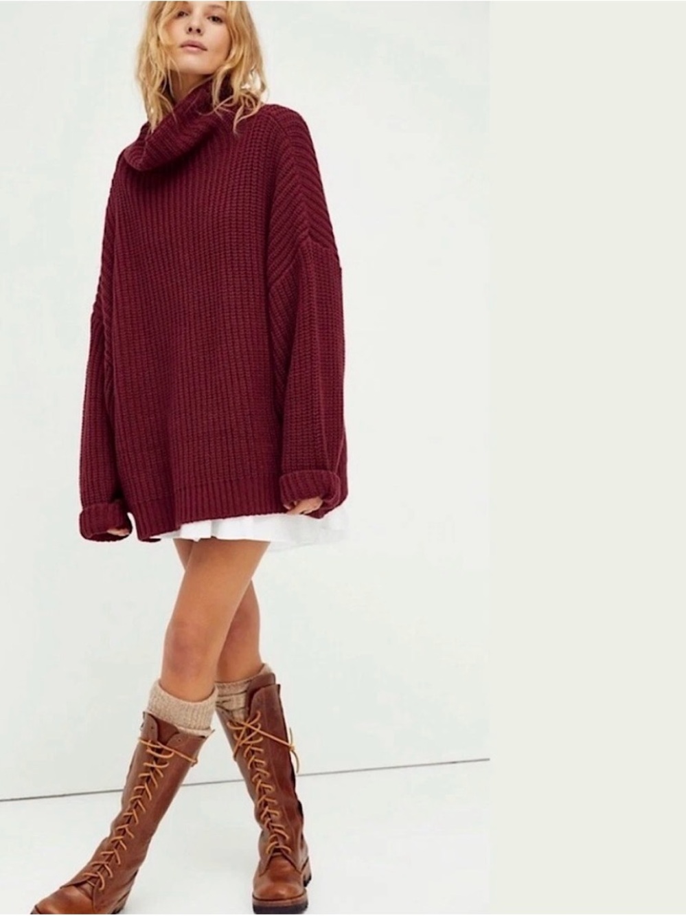 Free People "Swim Too Deep" Oversized Chunky Knit Turtleneck Sweater Burgundy S